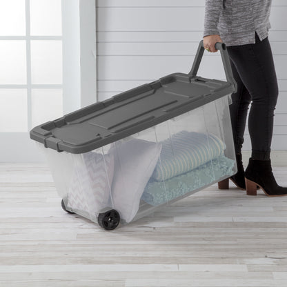 Sterilite Extra-Large Rugged Wheeled Storage Bin, 160 Quart Durable Clear Storage Container with Latching Lid and Pull Handle, Dark Gray, 2 Pack