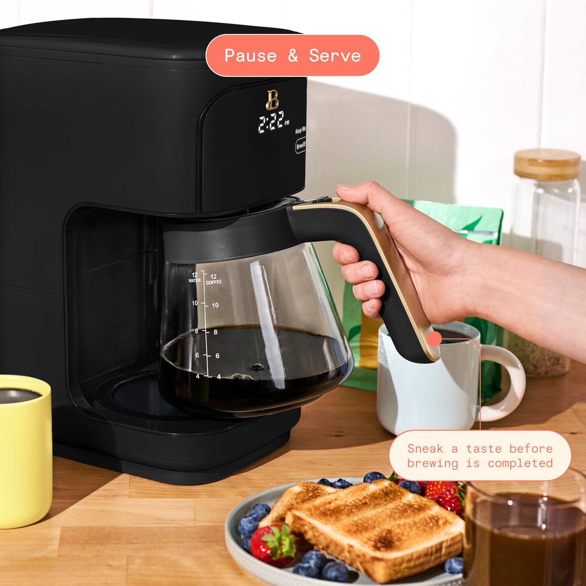 Beautiful by Drew Barrymore 12-Cup Programmable Coffee Maker, Black Sesame