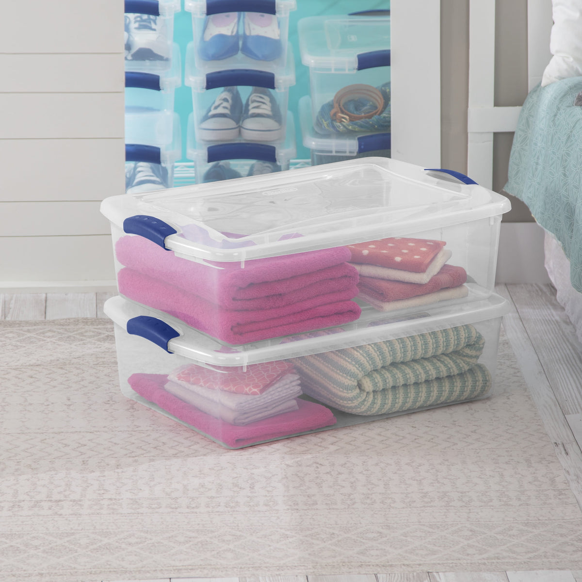 Sterilite Latching Storage Bin, 32 Quart Clear Plastic Storage Container with Latch Lid, Blue, 6 Pack