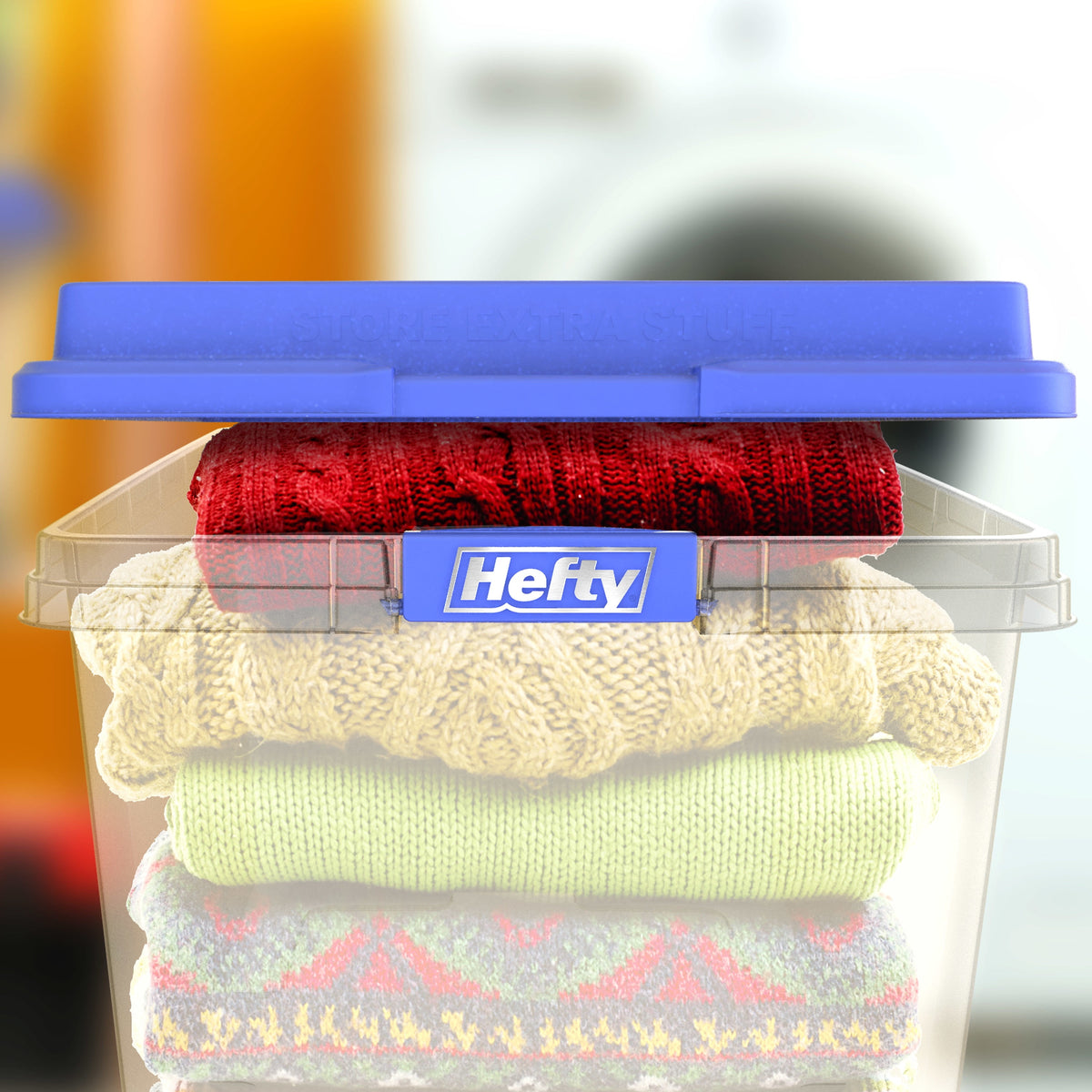 Hefty 72 Qt. Clear Plastic Storage Bin with Blue HI-RISE Lid, 6 Pack