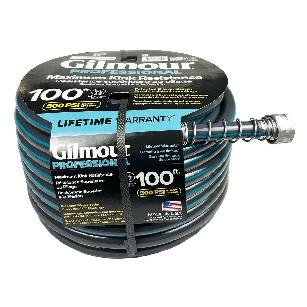 Gilmour Flexogen 100ft Heavy Duty Garden Hose, 5/8" All-Weather Water Hose with Crush-Resistant Aluminum Fittings, 500 PSI Burst Strength, Kink & Leak Resistant, Yellow