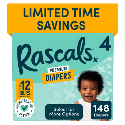 Rascals Premium Absorbent Baby Diapers Size 4, 148 Count