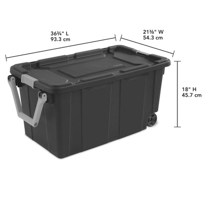 Sterilite Extra-Large Wheeled Industrial Storage Bin, 40 Gallon Durable Plastic Storage Tote with Latching Lid and Pull Handle, Dark Gray, 2 Pack