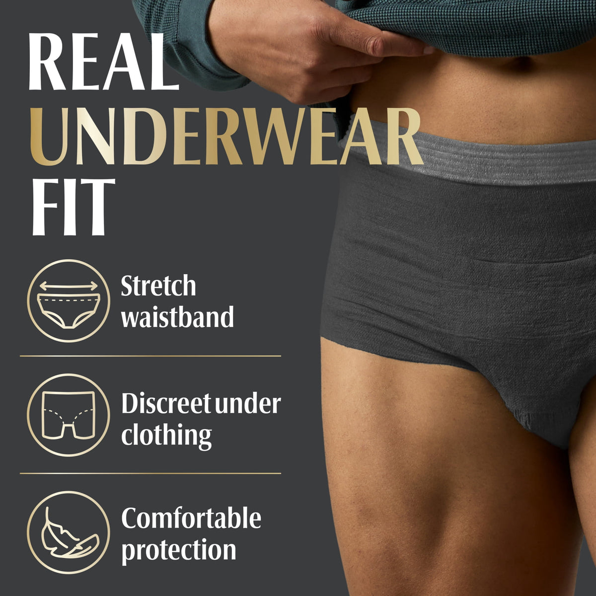Depend Real Fit Incontinence Underwear for Men, Adult Diapers, L/XL, Black, 52 Count