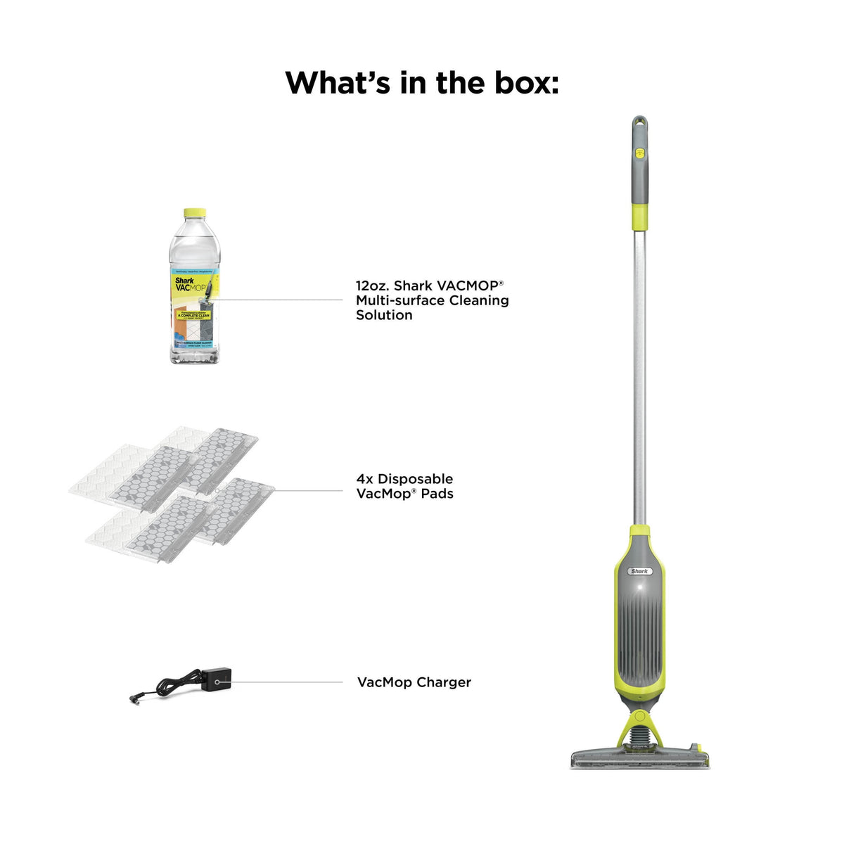 Shark VACMOP Cordless Hard Floor Vacuum Mop, for Tile, Vinyl, Laminate, Wood, with (4) Disposable VACMOP Pads, 12-oz Shark Multi-Surface Cleaner, VM200