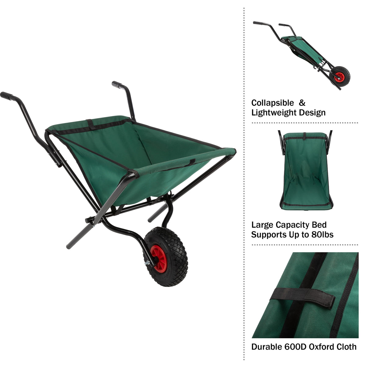 Pure Garden Folding Wheelbarrow with 80lb Capacity and Storage Pouches