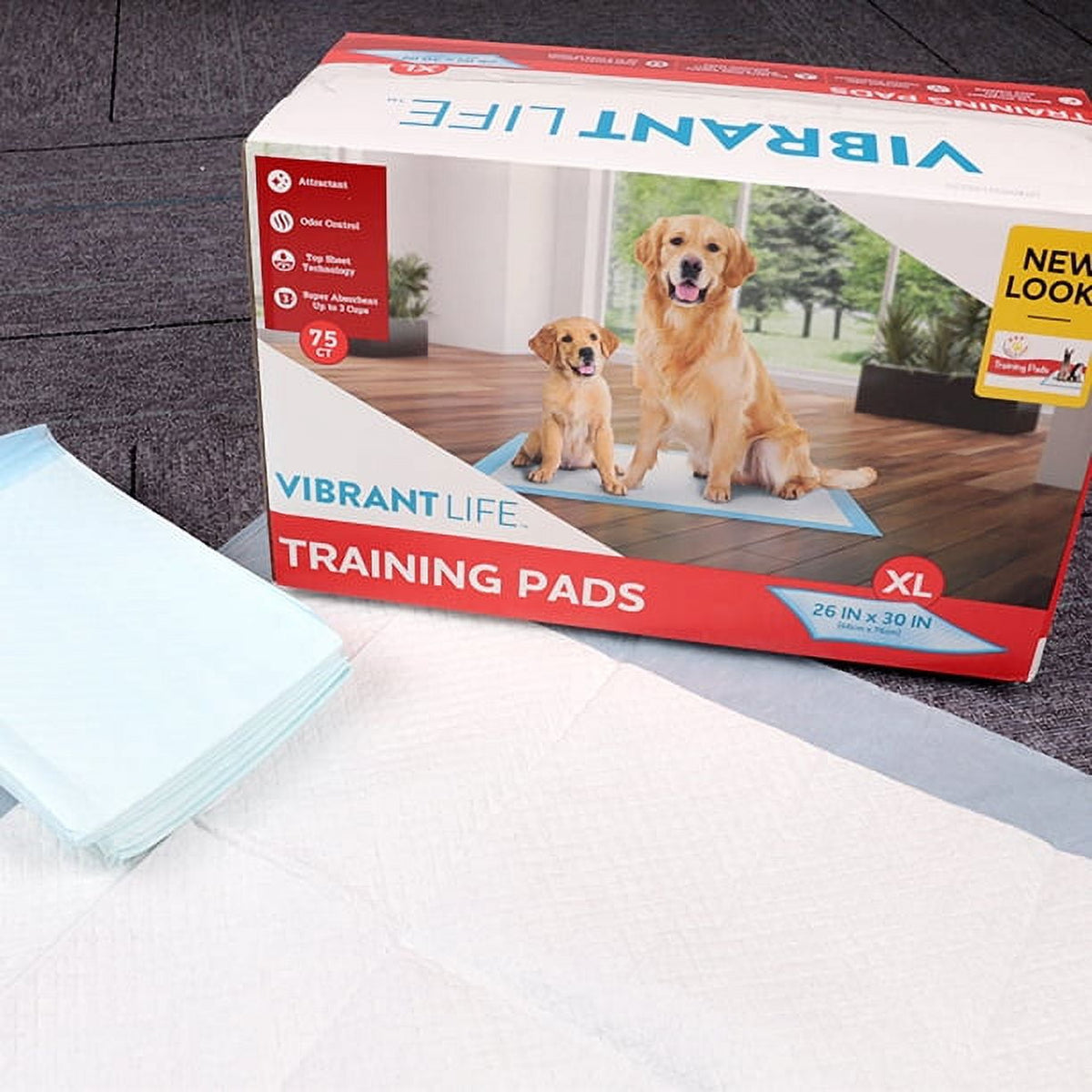 (2 pack) Vibrant Life XL Training Pads, Super Absorbent, Leak Proof, & Fast Dry Dog and Puppy Pee Pads, 26 in x 30 in, 75 Count