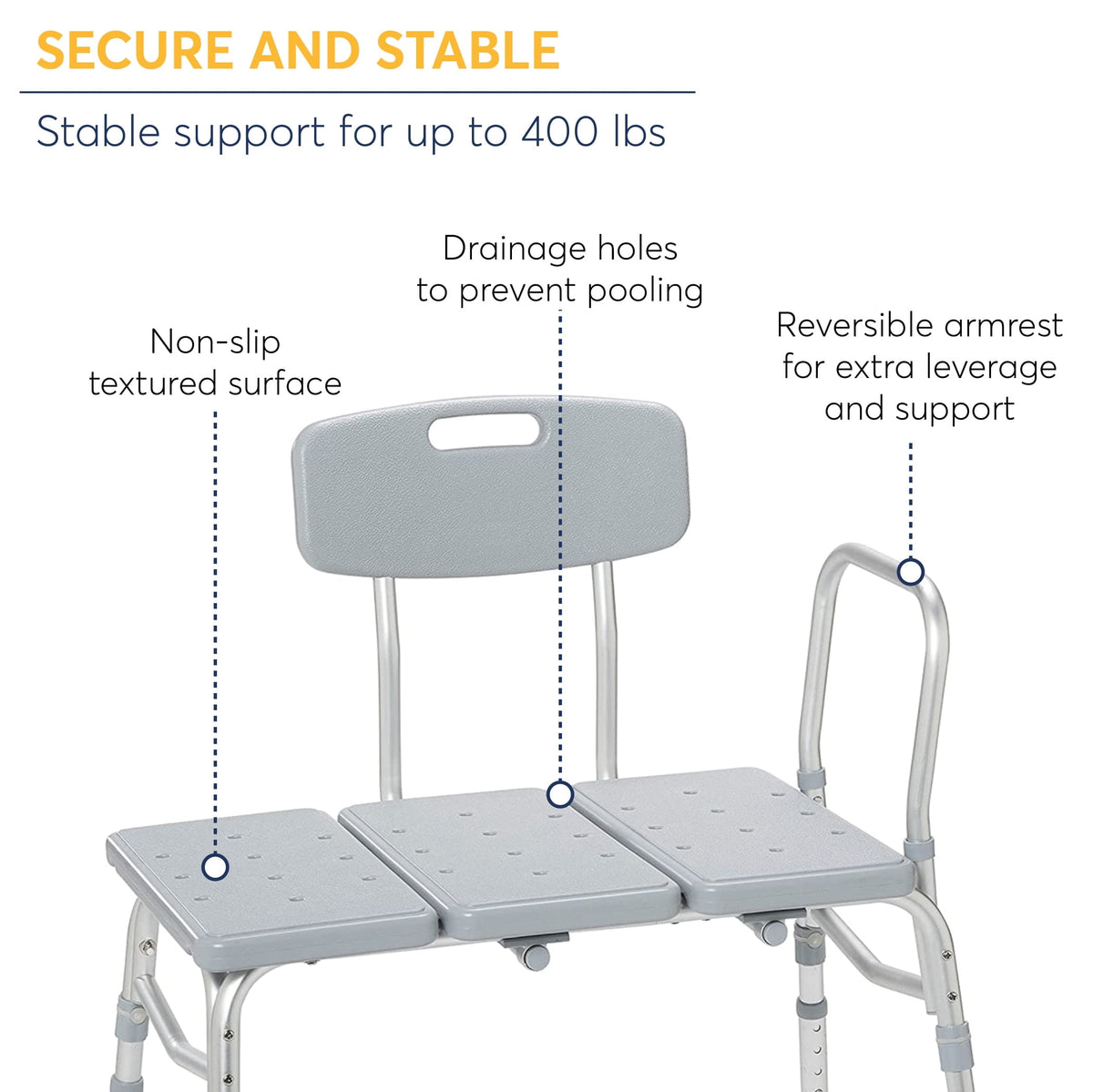 Drive Medical Plastic Tub Transfer Bench with Adjustable Backrest
