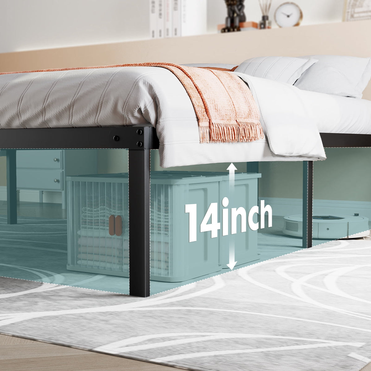 GIANNA Twin Size 14-inch Metal Platform Bed Frame with Under-Bed Storage, Sturdy Steel Construction, No Box Spring Required