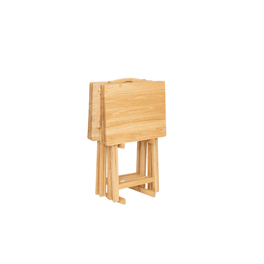 Mainstays 5-Piece Solid Rubberwood Folding TV Tray Set with Storage Rack, Natural