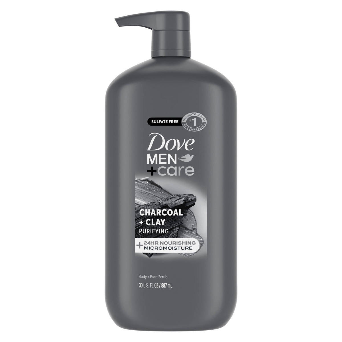 (4 pack) Dove Men+Care Body And Face Scrub Body Wash For Men Charcoal + Clay With 24-Hour Nourishing Micromoisture Technology, 30 fl oz