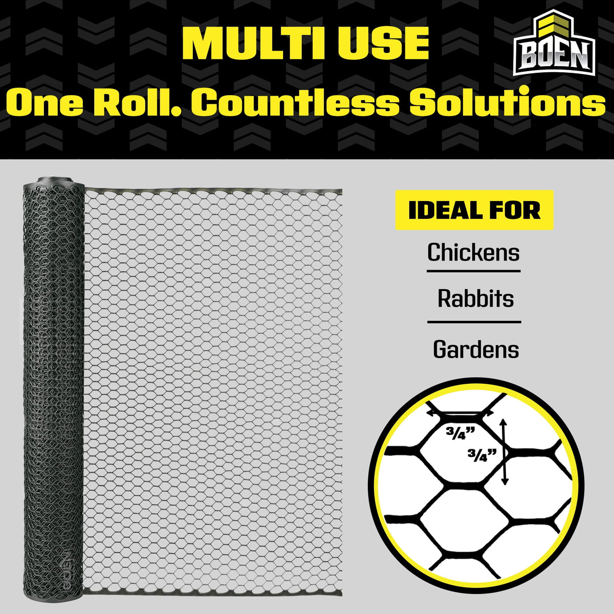 Boen - Plastic Hex Chicken Wire Mesh Temporary Fence Roll (4' x 75' - Black) - Plastic Fence Poultry Netting for Temporary or Semi Permanent Enclosures, Deer Netting Fence, Construction Fencing