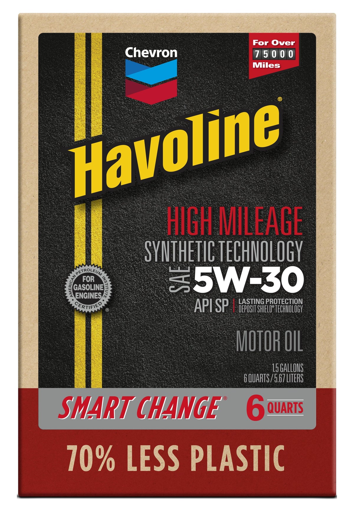 Chevron Havoline High Mileage Synthetic Technology Motor Oil 5W-30, 6 Quart Smart Change Box Case (2-Pack)