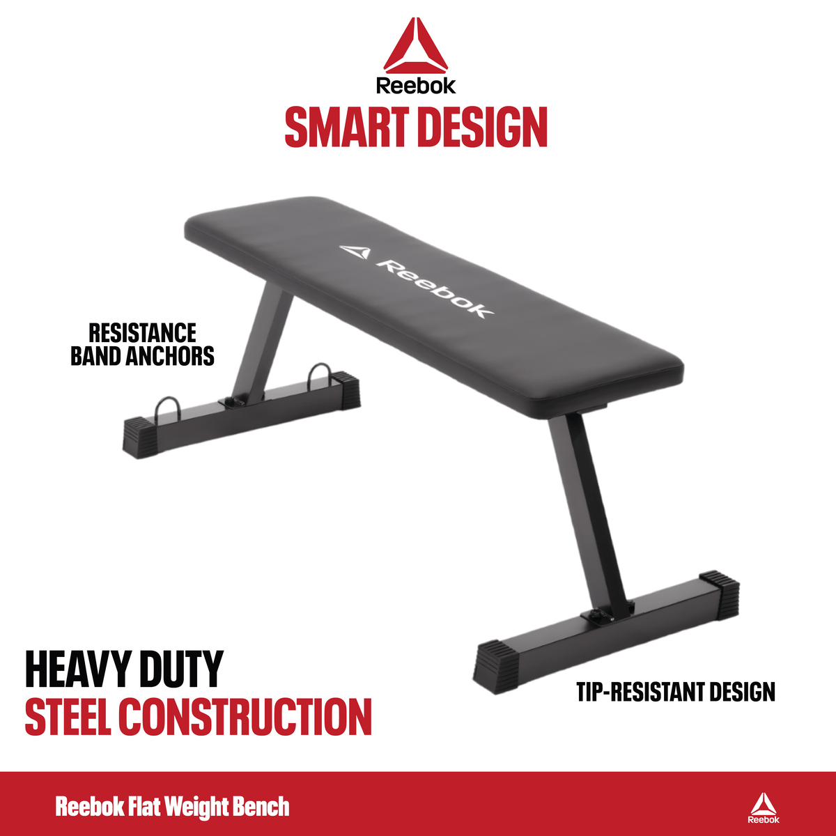 Reebok Heavy Duty Flat Bench – 600 lb Capacity, Tip-Resistant & Portable Weight Bench