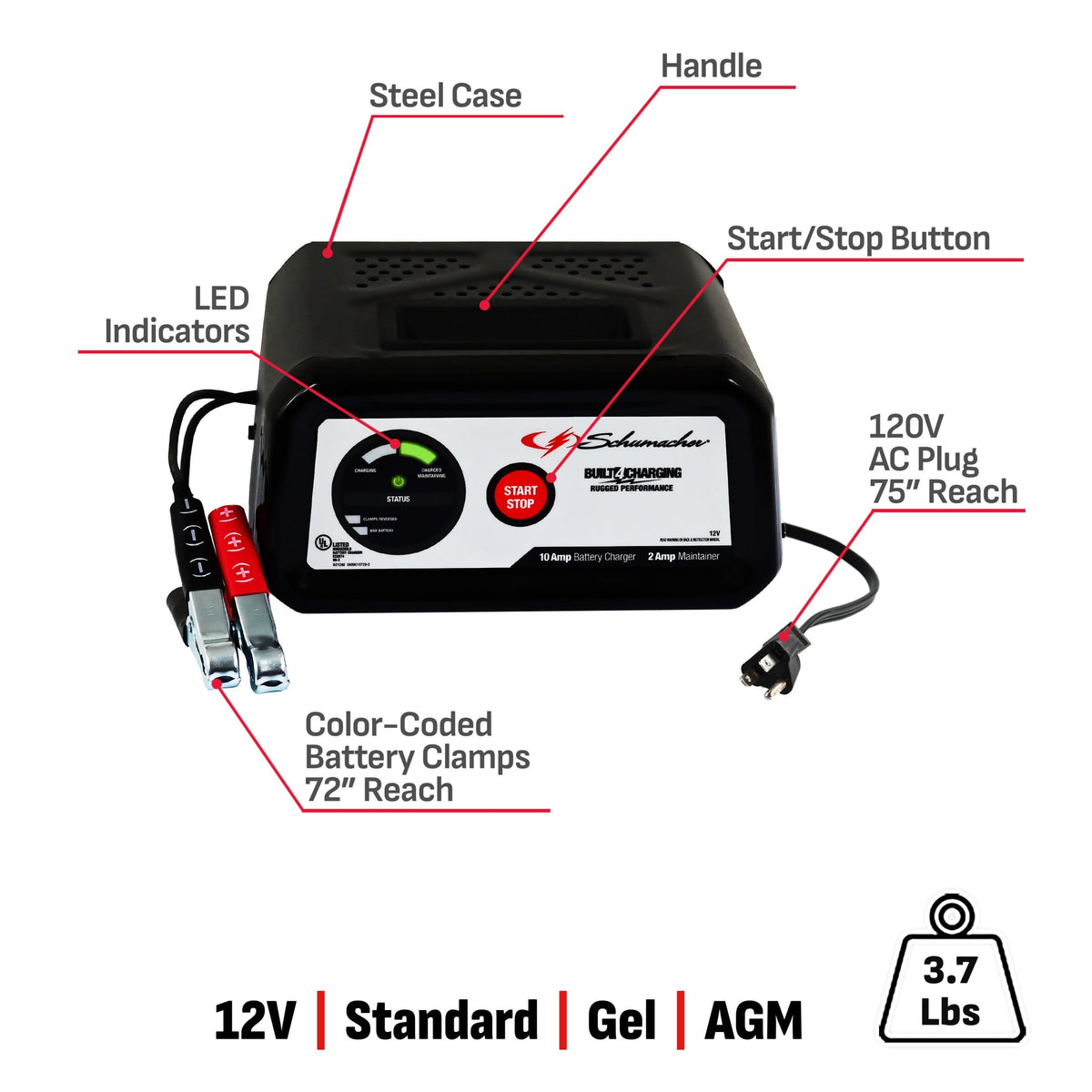 Schumacher Electric 10A Car Battery Charger and Maintainer, 2-in-1 Solution, 12V Sport, Auto, and Marine Batteries, SC1282