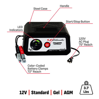 Schumacher Electric 10A Car Battery Charger and Maintainer, 2-in-1 Solution, 12V Sport, Auto, and Marine Batteries, SC1282