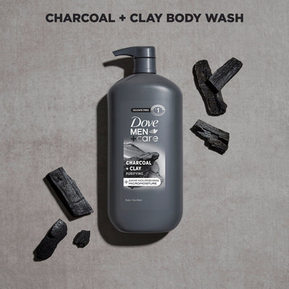 (4 pack) Dove Men+Care Body And Face Scrub Body Wash For Men Charcoal + Clay With 24-Hour Nourishing Micromoisture Technology, 30 fl oz