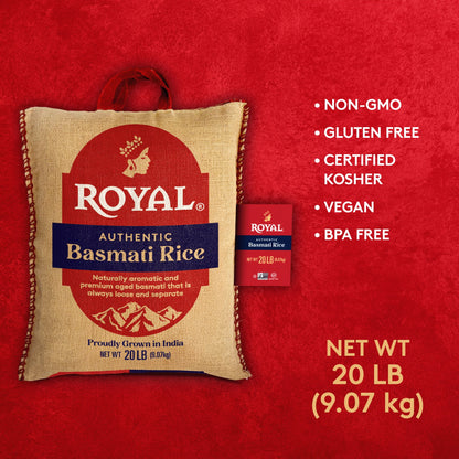 Authentic Royal Naturally Aged Indian White Basmati Rice, Long-Grain, Gluten-free - 20 lb. Bag