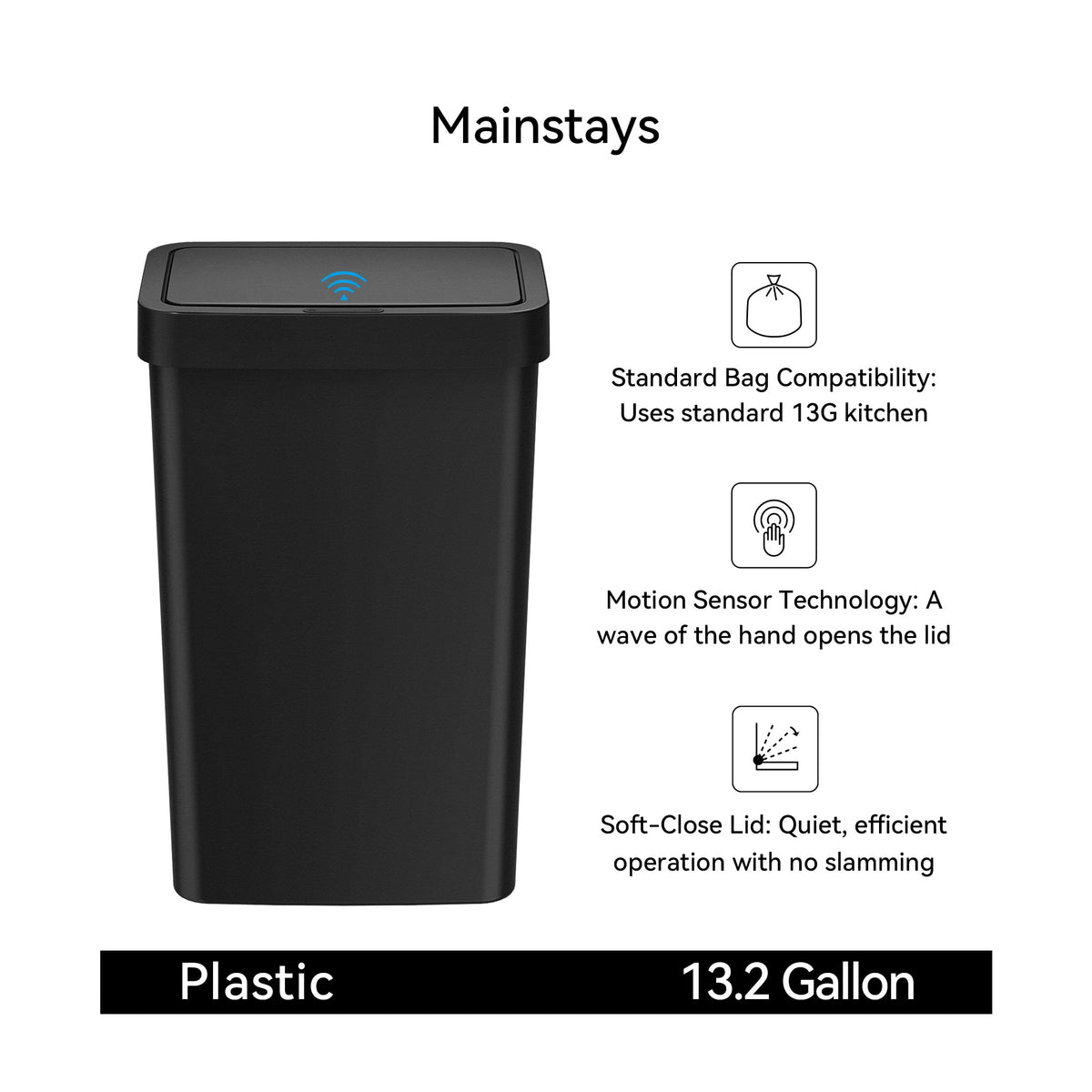 Mainstays Kitchen Motion Sensor Trash Can, 13.2 gal Plastic Automatic Garbage Bin, Black