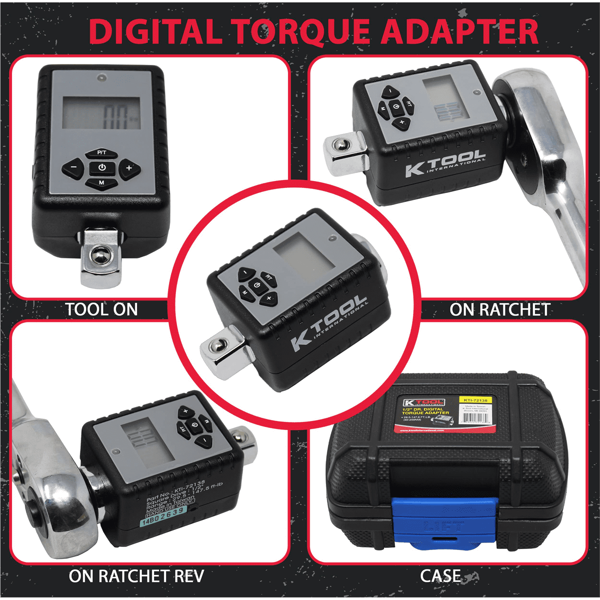 K Tool International 72138 Digital Torque Adapter 1/2 Drive 29.5 to 147.5 ft lbs