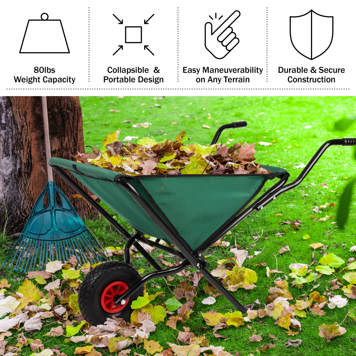 Pure Garden Folding Wheelbarrow with 80lb Capacity and Storage Pouches