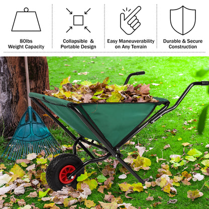 Pure Garden Folding Wheelbarrow with 80lb Capacity and Storage Pouches