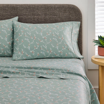 Better Homes & Gardens 4-Piece 300 Thread Count Lysia Floral Green River Cotton Sateen Bed Sheet Set, Queen