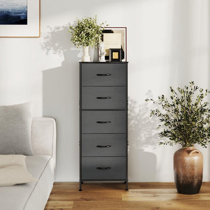 Kelno 5 Drawer Fabric Dresser Steel Frame Storage Chest Organizer with Wood Top, Gray