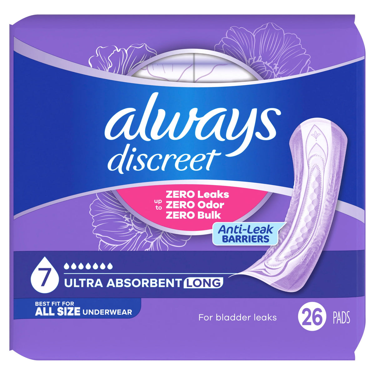 (2 pack) Always Discreet Adult Incontinence Pads for Women, Ultra Absorbent, Long Length, Postpartum Pads, 26 Count
