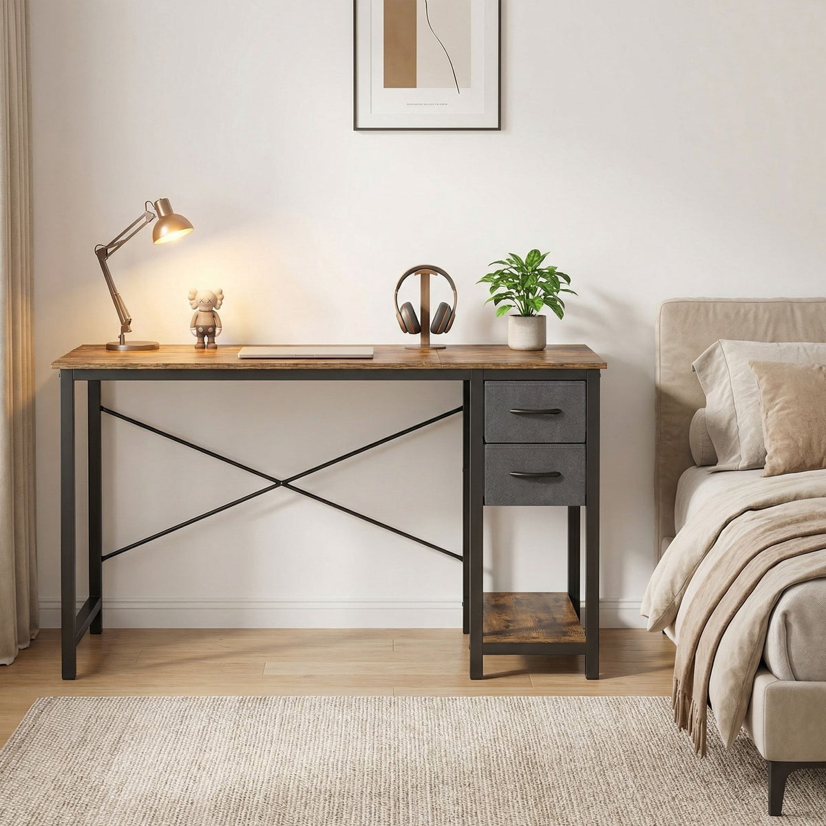 CONCETTA 47in Small Computer Desk with 2 Drawers, Side Headphone Hook, Writing Work Study Desk for Home, Rust Brown