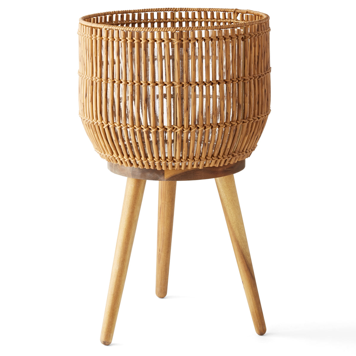 Better Homes & Gardens 13 in Round Brown Resin Rattan Planter & Stand with Acacia Wood Legs