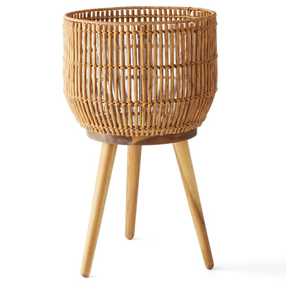 Better Homes & Gardens 13 in Round Brown Resin Rattan Planter & Stand with Acacia Wood Legs