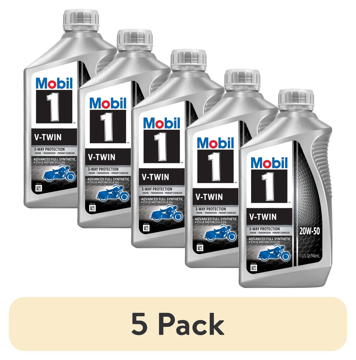 (5 pack) Mobil 1 V-Twin Full Synthetic Motorcycle Oil 20W-50, 1 Quart