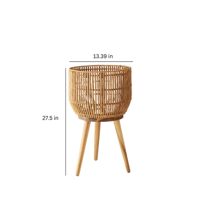 Better Homes & Gardens 13 in Round Brown Resin Rattan Planter & Stand with Acacia Wood Legs