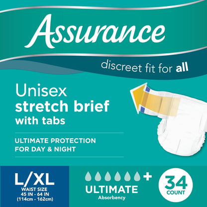 (2 pack) Assurance Unisex Stretch Briefs with Tabs, L/XL, 34 Count