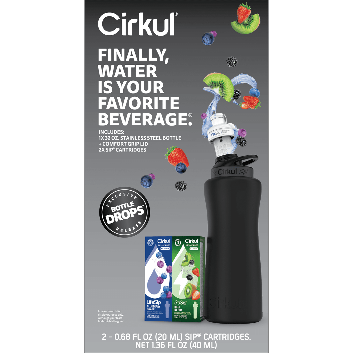 Cirkul 32oz Matte Black Stainless Steel Starter Kit with Matte Black Cirkul Lid 2.0 and 2 Flavor Cartridges (Blueberry Grape & Kiwi Berry)