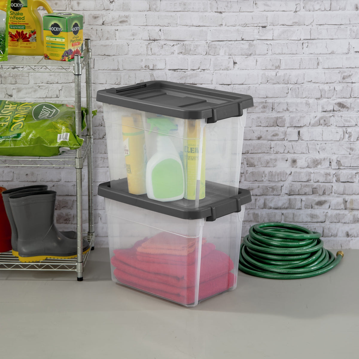 Sterilite Small Storage Bin, 30 Quart Clear Plastic Storage Container with Latch Lid, Dark Gray, Pack of 6