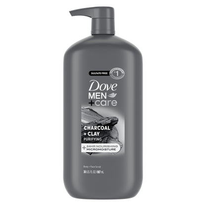 (4 pack) Dove Men+Care Body And Face Scrub Body Wash For Men Charcoal + Clay With 24-Hour Nourishing Micromoisture Technology, 30 fl oz