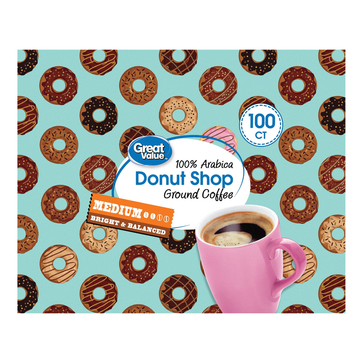 Great Value Donut Shop 100% Arabica Medium Roast Ground Coffee Pods, 38.4 oz, 100 Count