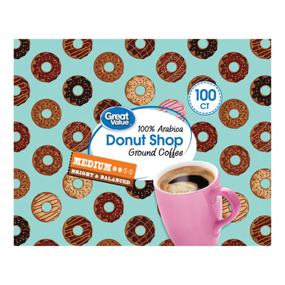 Great Value Donut Shop 100% Arabica Medium Roast Ground Coffee Pods, 38.4 oz, 100 Count