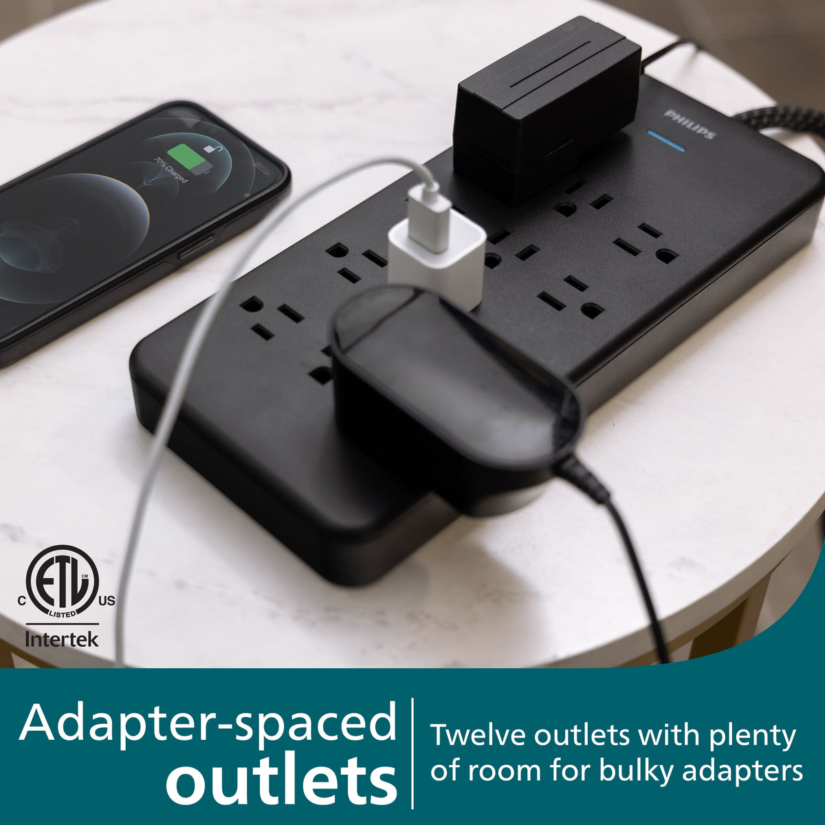 Philips Surge Protector Power Strip, 12 Outlet (Wide Spaced), 3500 Joules, Braided Cord, 6ft, Black
