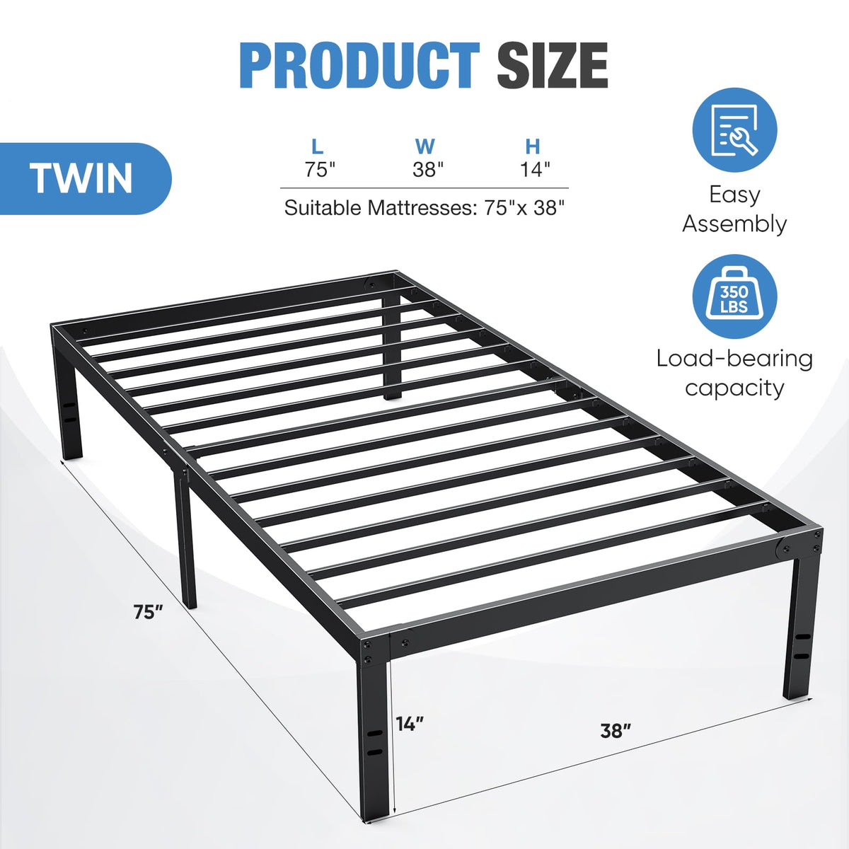 CONCETTA 14" Twin Bed Frame, Heavy Duty Metal Platform Bed Frame with Underbed Storage for Bedroom, No Box Spring Required, Black