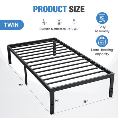 CONCETTA 14" Twin Bed Frame, Heavy Duty Metal Platform Bed Frame with Underbed Storage for Bedroom, No Box Spring Required, Black
