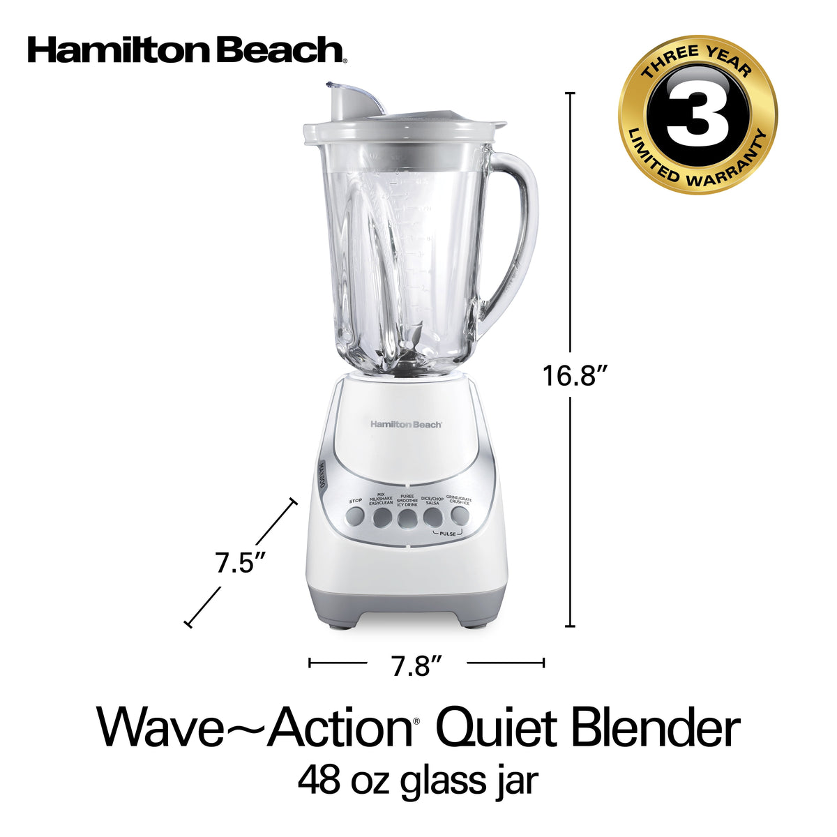 Hamilton Beach Wave Action Smoothie Blender, 48 oz Glass Jar 800 W 12-Function Countertop Blender for Kitchen, White