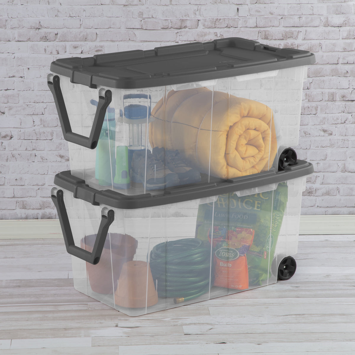 Sterilite Extra-Large Rugged Wheeled Storage Bin, 160 Quart Durable Clear Storage Container with Latching Lid and Pull Handle, Dark Gray, 2 Pack