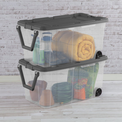 Sterilite Extra-Large Rugged Wheeled Storage Bin, 160 Quart Durable Clear Storage Container with Latching Lid and Pull Handle, Dark Gray, 2 Pack