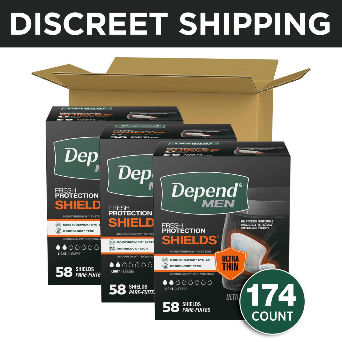 (3 pack) Depend Shields Incontinence Pads for Men, Light Absorbency, 58 Count