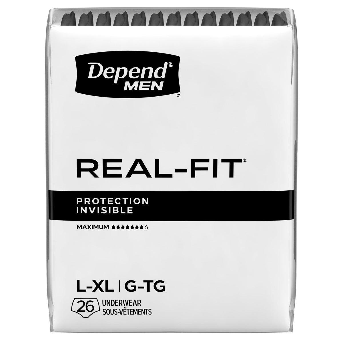 Depend Real Fit Incontinence Underwear for Men, Adult Diapers, L/XL, Black, 52 Count