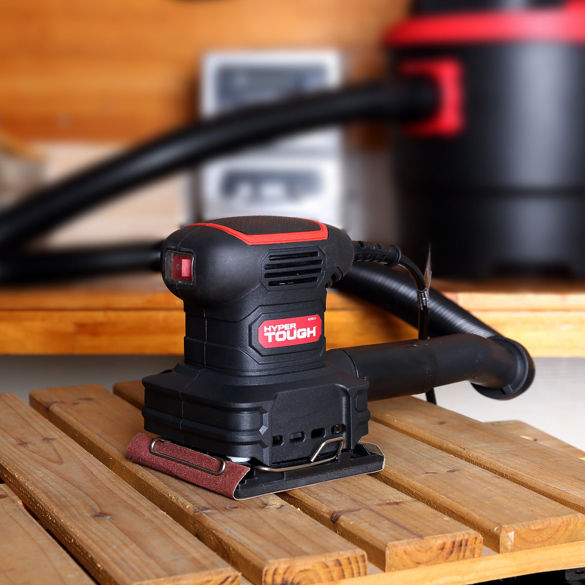 Hyper Tough 2 Amp Corded 1/4-Sheet Palm Sander with Dust Bag, Vacuum Hose Adapter, Punch Plate & 3 Sanding Sheets