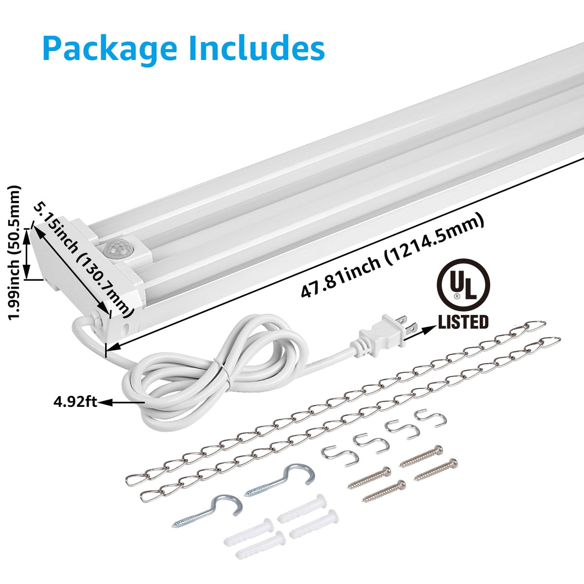 2 Pack Motion Sensor 4FT LED Utility Shop Light, 40W Plug in Linkable Light Fixtures, 5000K Daylight